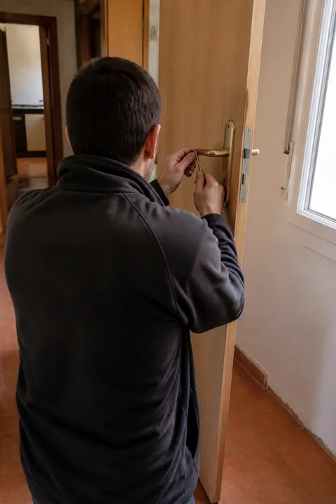 Técnico de cerrajería ajustando el herraje de una puerta en un domicilio de Murcia